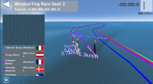富士通が開発した「ウインドサーフィンワールドカップ観戦アプリ」の画面例。浜からでは見えにくい、沖合いで行われている競技状況をリアルタイムに3Dでバーチャル観戦できる