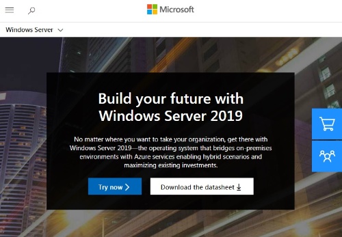 「Windows Server 2019」をPRする米マイクロソフトのサーバー用OSのWebサイト