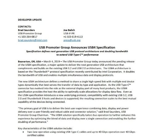 USB4に関するUSB Promoter Groupのプレスリリース（画像：USB Promoter Group）