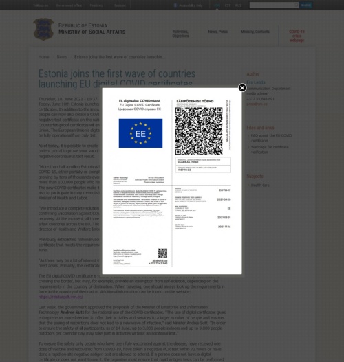 「EUデジタルCOVID証明書」の導入を説明するエストニア社会省のホームページ