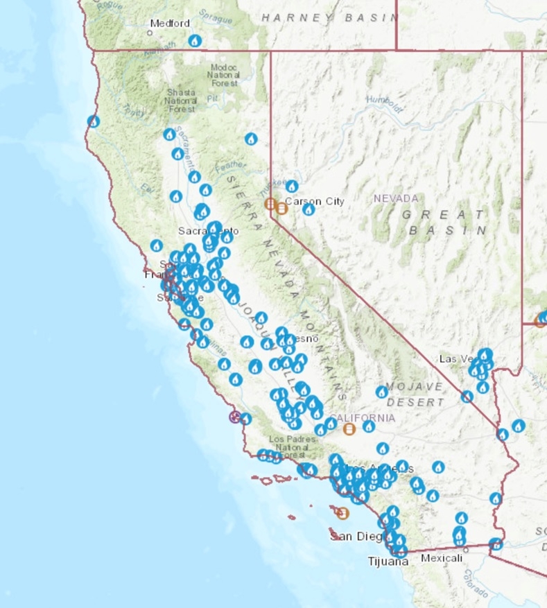 図3●カリフォルニア州内で現在、稼働している天然ガス火力発電所 （出所：US DOE EIA）