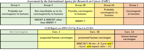 IARCによるCNTの発がん性の分類と（上）、BAuAによる多層CNTの発がん性の分類（下）