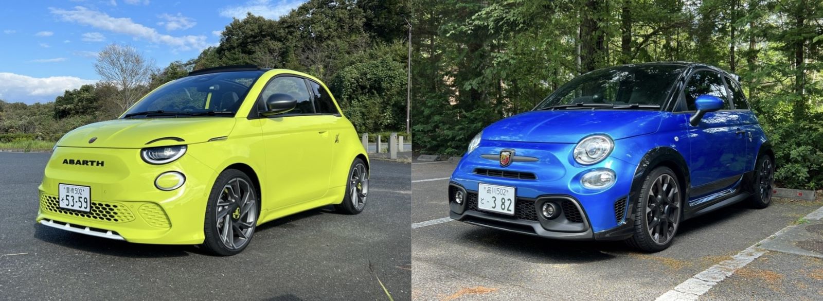 EVのAbarth 500e（左）とガソリン車の「Abarth 695 Tributo 131 Rally」（右）