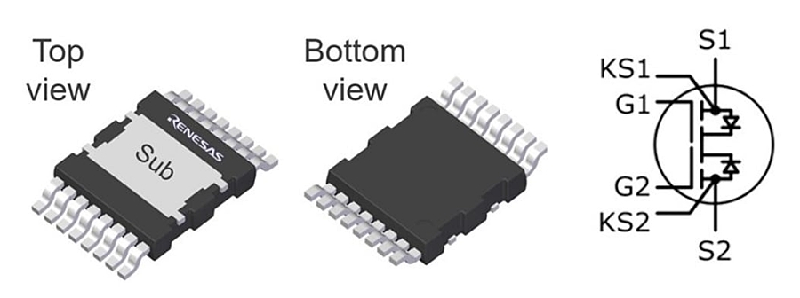 図2　TP65B110HRUのパッケージ表面（左）、裏面（中央）、内部の回路（右）である（出所：ルネサスエレクトロニクス）