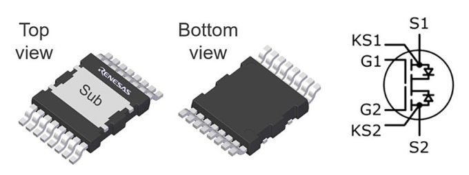 図2 TP65B110HRUのパッケージ表面(左)、裏面(中央)、内部の回路(右)である(出所:ルネサスエレクトロニクス)
