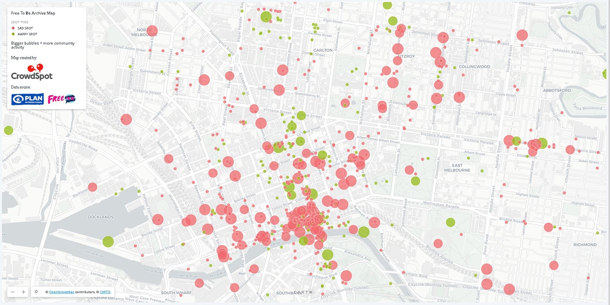  デジタルマッピングのプラットフォーム「Free To Be」を使って集計した、メルボルン市内で安全（緑色）と安全でない（赤色）場所をマークで示す。回答が多かった場所ほど円が大きい（資料：PLAN International）