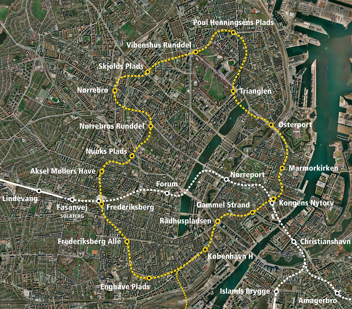  シティリンゲンの路線図。旧市街地などコペンハーゲンの主要な居住区をつなぐ（資料：Arup）