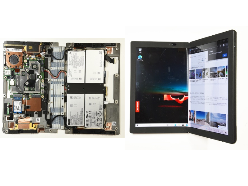 レノボの折り畳みPCを分解　片側にメイン基板、もう一方に電池