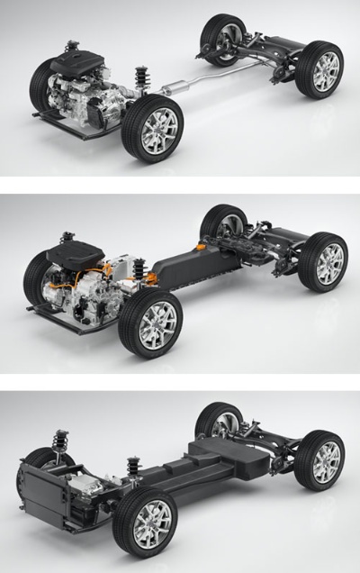 新世代プラットフォーム「CMA」はエンジン車(上)だけでなく、プラグインハイブリッド車(中央)や電気自動車(下)など多様なパワートレーンに対応できる(写真:ボルボ・カーズ)