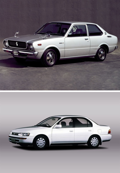 3代目カローラ「カローラ30」(上)と、7代目「カローラ」(下)(写真:トヨタ自動車)