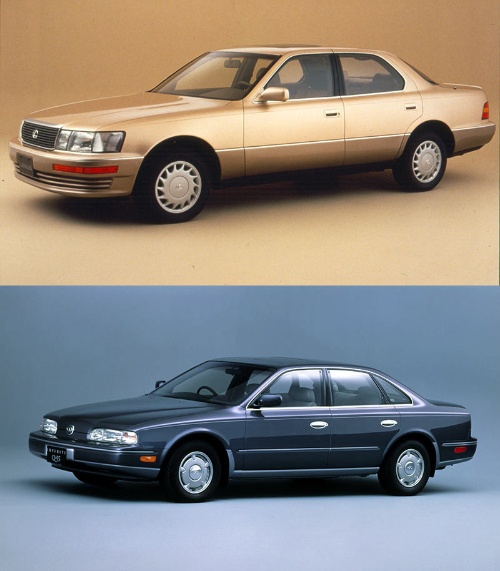トヨタ、日産が新たなプレミアムブランドの最高級車として導入した初代「Lexus LS400」（上、米国仕様）と「Infiniti Q45」（下）（写真：トヨタ自動車、日産自動車）