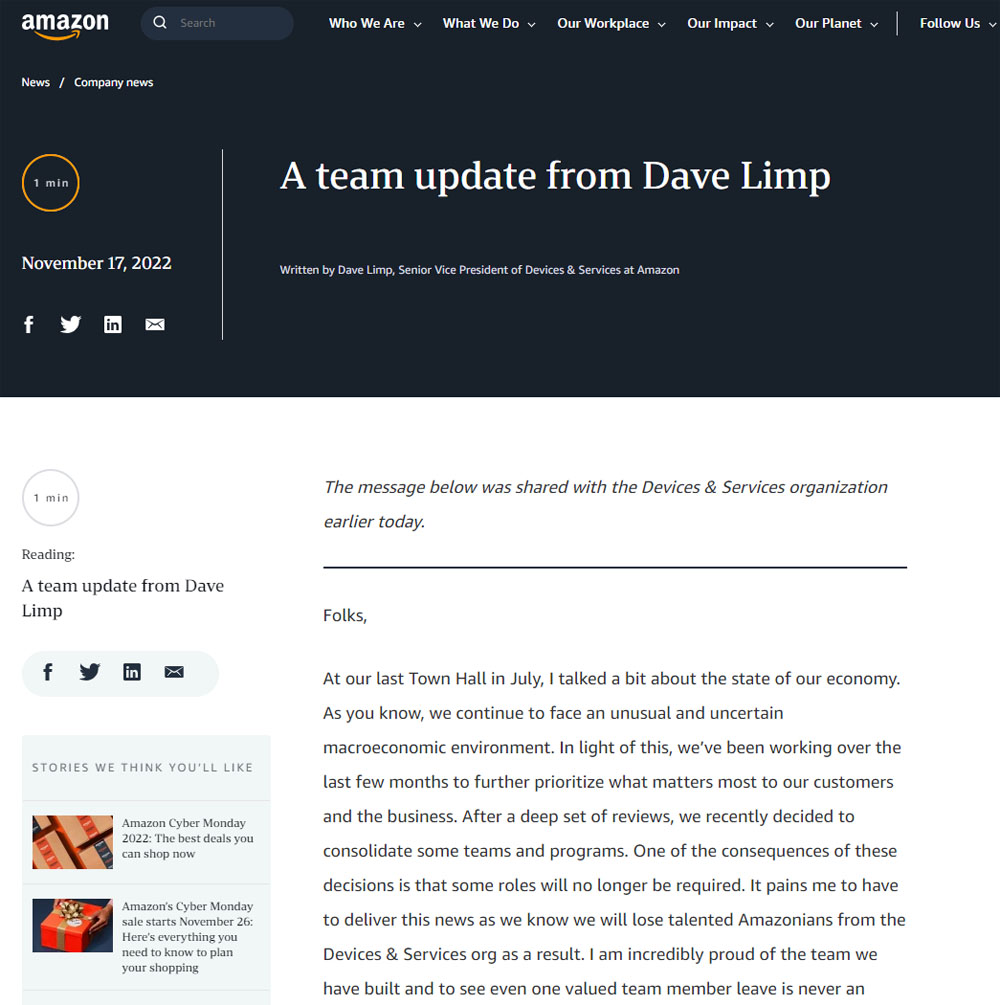 アマゾン・ドット・コムのブログより。同社は2022年11月17日に「Alexa」などの事業を担うデバイス&サービス部門の大規模リストラを発表し、大きな話題となった