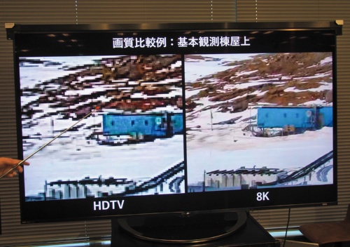 HDTVと8K映像との画質比較。HDTVでは映像を拡大すると詳細を把握できないが、8Kでは細かな部分までしっかり把握できることが分かる。写真は2022年12月15日、南極からの8K映像のリアルタイム伝送に関する説明会より（筆者撮影）