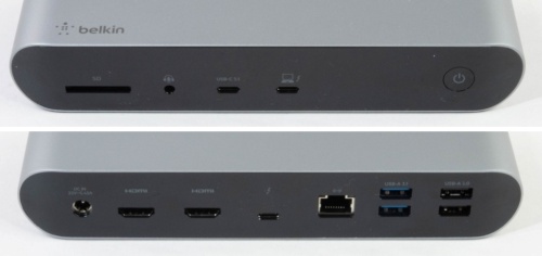 Pro Thunderbolt 4の端子。正面（上）は左からSDカードリーダー、3.5mmオーディオ、USB Type-C 3.1 Gen 2、Thunderbolt 4。背面（下）は左から、電源、HDMI×2、Thunderbolt 4、ギガビットイーサネット、USB Type-A 3.1×2、USB Type-A 2.0×2となっている