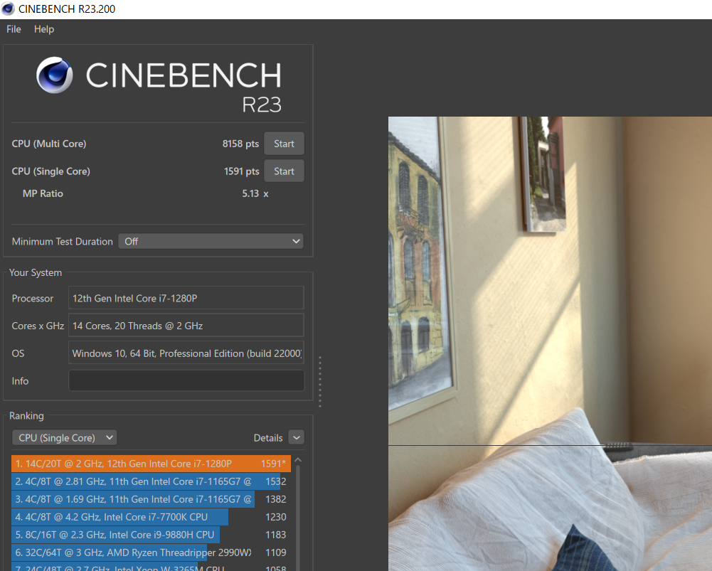 CINEBENCH R23のスコアはシングルコアで1591、マルチコアで8158だった。モバイルノートとしては上々といえる