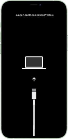 iPhoneをケーブルでパソコンに接続し「リカバリーモード」になると、このような画面になる。リカバリーモードに移行する方法は機種ごとに違う