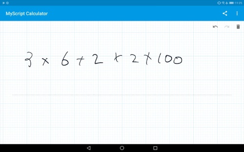 アプリ「MyScript Calculator」に手書きで計算式を書いた例