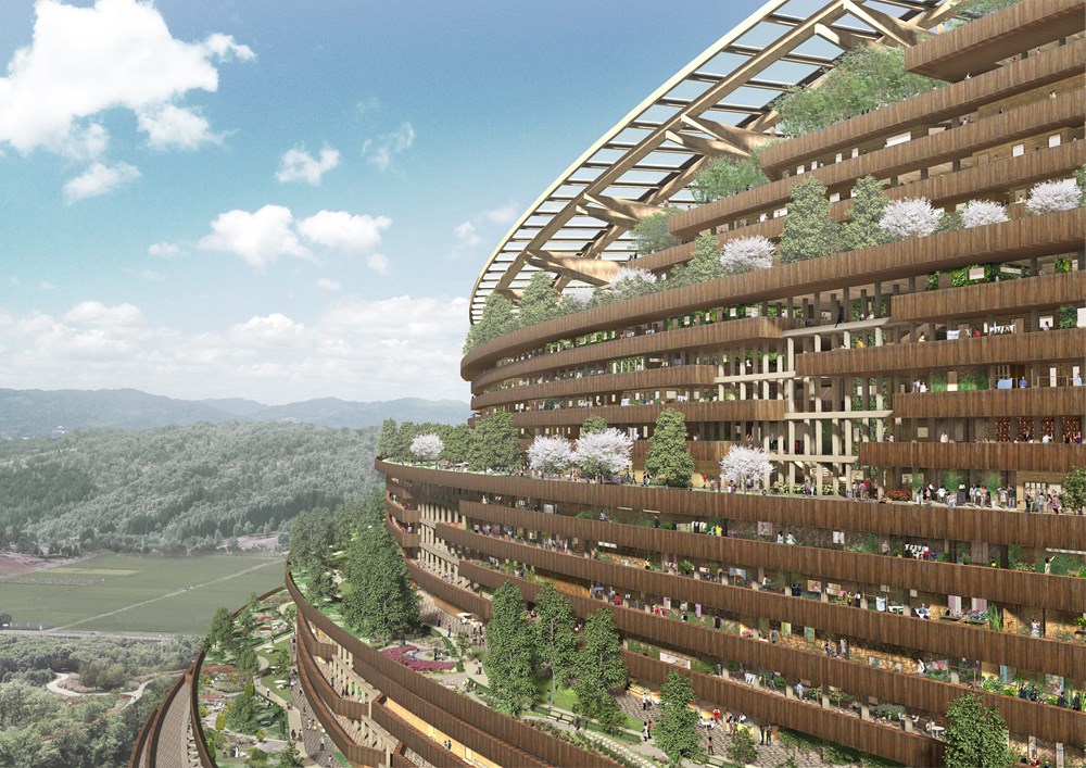 大林組が考える森林と共生する街「LOOP50」。巨大な木造建築には住宅のほかにオフィスや商業施設、学校、病院、ホテルなど街に必要な機能が備わっている（出所：大林組）