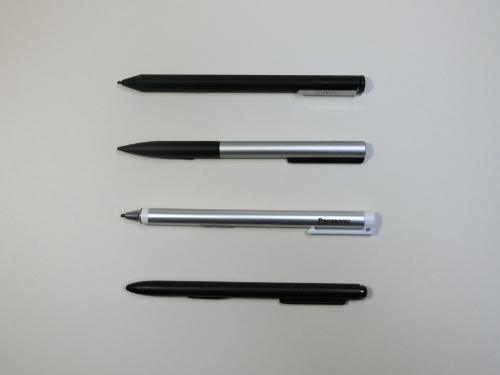 PC用のペン。上からワコムの「Bamboo Ink」、米シナプティクス（Synaptics）製のペン、台湾EETI製のペン、ワコムのEMR方式を採用したペン