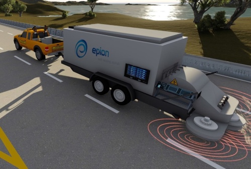 路面を加熱する特殊車両のイメージ。日本国内に導入する際は、もっと小型で小回りの効く仕様にする予定だ。現在、會澤高圧コンクリートが主体となって、加熱システムを備えたけん引型の特殊車両を開発している(資料:エピオン)