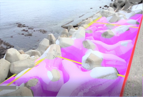 バーチャル・スケールで見た消波ブロック据え付け工事現場のイメージ。3次元モデルと重なっておらずピンク色に染まっていない箇所は、設計から逸脱している（出所：斉藤建設）
