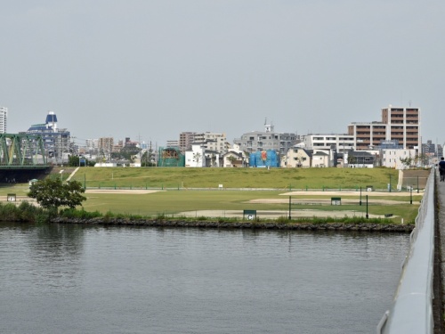 江戸川に架かる国道14号の市川橋から遠望した北小岩1丁目東部地区のスーパー堤防の現況。手前の江戸川グラウンドは含まず、後方の一般的な住宅街のように見える区域が該当する。地盤の強度不足は既に解消済み(写真:日経コンストラクション)