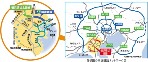横浜環状北西線の位置と道路ネットワーク（資料：横浜市、首都高速道路会社）