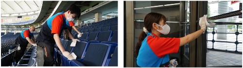 清掃作業を消毒作業に転換。試合終了後には、東京ドーム内のトイレ、客席や階段などの手すり、約4万3000席に及ぶ全客席の消毒作業を実施。約60人のスタッフが10~12時間を費やす作業となる(写真:東京ドーム)