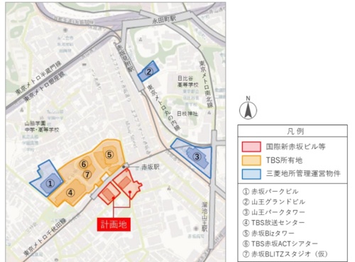 計画地と隣接する赤坂の建物の配置図（資料：三菱地所、TBSホールディングス、東京メトロ）