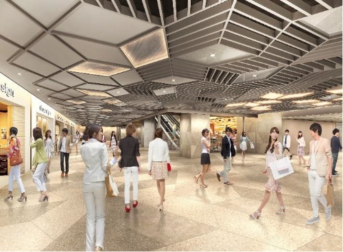 地下1階にできる商業施設の完成イメージ。地下2階の「バスターミナル東京八重洲」と地下1階の13店舗は、2022年9月に先行開業する（資料：三井不動産）