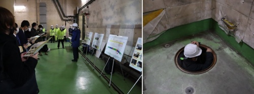 2022年3月23日に報道機関を対象に実施した羽田トンネルの現地公開の様子。直径約57cmのマンホールから地下のトンネル内に入る（写真：日経クロステック）