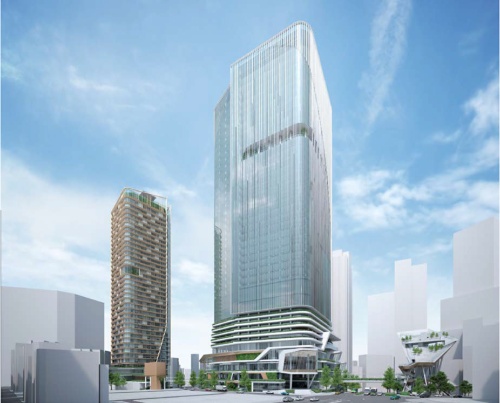 計画建物。北側の青山通りから渋谷方面を望んだイメージ。右手からA、B、Cの街区の建物が並ぶ。東京建物は、A・B街区における再開発の地権者の一員および事業協力者として、また、C街区における共同建て替えの地権者として、事業の推進を支援する（資料：東京建物）