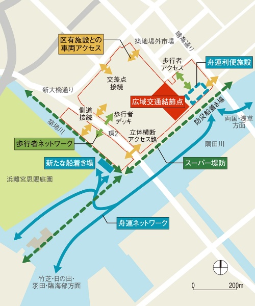 「築地地区まちづくり事業」のイメージ。水や緑に囲まれた立地を生かした計画。再開発のデザインについては実施方針の中で、「水上から訪れる人々を出迎えるシンボリックで印象的なアイコンとする」としている（資料：東京都の資料を基に日経クロステックが作成）