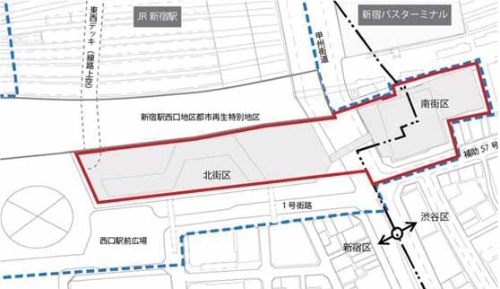 計画地は甲州街道を挟んで、北街区と南街区に分かれる（資料：京王電鉄、JR東日本）