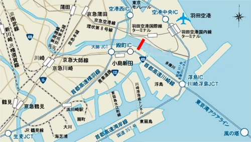位置図。赤色の太線部分が「多摩川スカイブリッジ」（資料：川崎市）