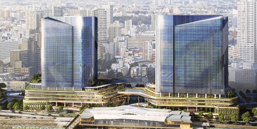 高輪ゲートウェイ駅の目の前に立つ「複合棟Ⅰ」。駅前広場を挟んで、NorthとSouthの2棟で構成(資料:JR東日本)