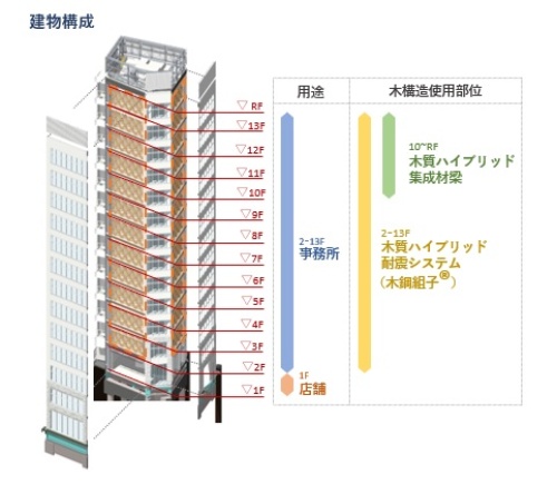 COERU SHIBUYAの構成。地上1階が店舗、2～13階がオフィスを想定している。木鋼組子は2～13階の2面に設置する（資料：前田建設工業）