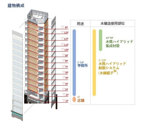 COERU SHIBUYAの構成。地上1階が店舗、2~13階がオフィスを想定している。木鋼組子は2~13階の2面に設置する(資料:前田建設工業)