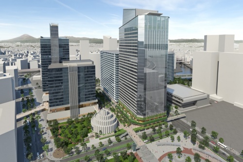 52街区開発事業計画提案時の完成イメージ。図の中央にある巻き貝のような建物がゲームアートミュージアム、図の右が地上29階建てのオフィス棟（資料：DKみなとみらい52街区特定目的会社）