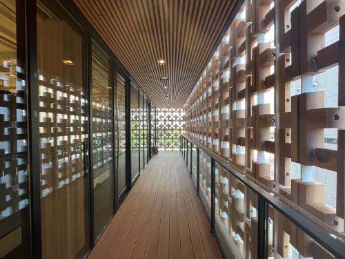 木材を取り付けた後、テラスから見た外装材の様子。写真左側が教室。格子の隙間から自然光が差し込むようにすることで、直射日光を遮り、夏場の温度上昇を防ぐ(写真:日経クロステック)