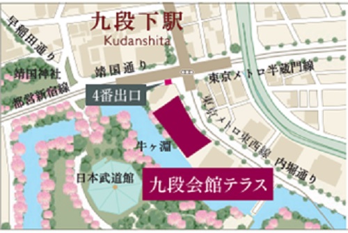 九段下の交差点からすぐの好立地に立つ。敷地面積は約8765m<sup>2</sup>、延べ面積は約6万8036m<sup>2</sup>（出所：「九段会館テラス」開業に向けたメディア説明会）