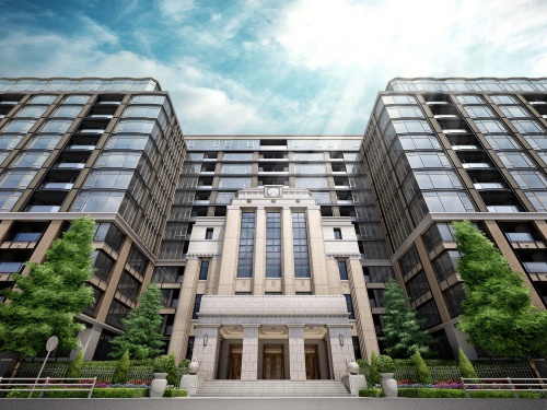 旧逓信省簡易保険局庁舎の建物を一部保存したマンションの完成イメージ(出所:三井不動産レジデンシャル、三菱地所レジデンス)