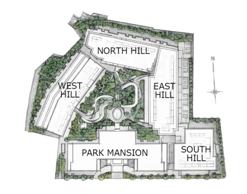 PARK MANSION棟を囲むように、NORTH HILL棟、WEST HILL棟、EAST HILL棟、SOUTH HILL棟が立つ。図にはないが、住宅部分は7棟構成になる予定（出所：三井不動産レジデンシャル、三菱地所レジデンス）
