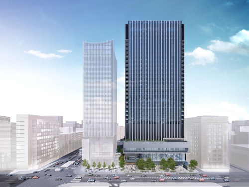 建設中のTODAビル(右)と「ミュージアムタワー京橋」(左)(出所:戸田建設)