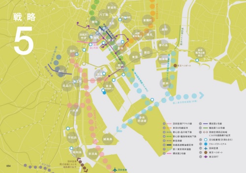 東京都が2022年3月に公表した「東京ベイeSGまちづくり戦略2022」で示した交通戦略のイメージ。「都心部・臨海地域地下鉄」を図中4番目の凡例で示している（出所：東京都）