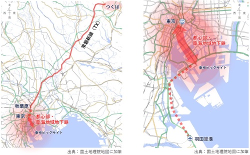 東京都が計画する「都心部・臨海地域地下鉄」では、東京駅への延伸計画があるつくばエクスプレスやJR東日本が計画する「羽田空港アクセス線」との接続を検討する（出所：東京都）