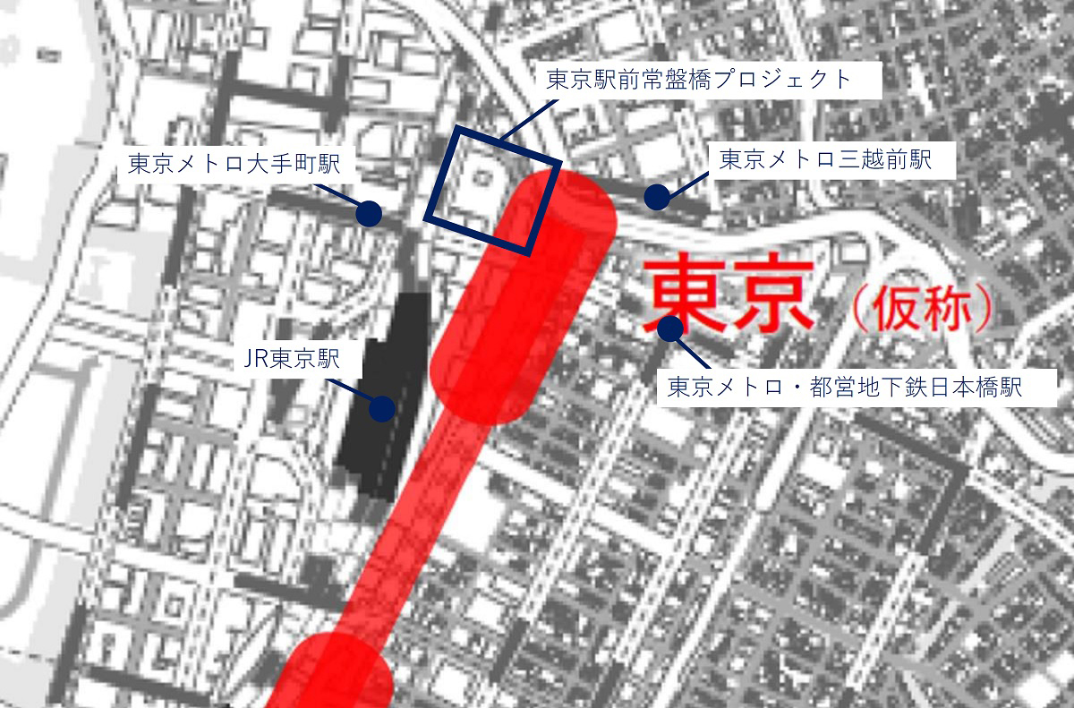 東京都が「都心部・臨海地域地下鉄」で計画中の新駅「東京」の配置。都が構造検討の要素として挙げた駅やプロジェクトのおおよその位置を追記した（出所：東京都の資料に日経クロステックが加筆）