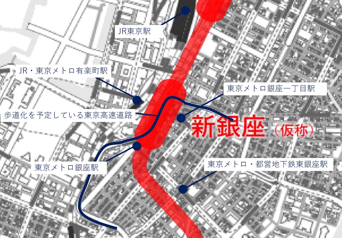 東京都が「都心部・臨海地域地下鉄」で計画中の新駅「新銀座」の配置。都が構造検討の要素として挙げた駅やプロジェクトのおおよその位置を追記した（出所：東京都の資料に日経クロステックが加筆）