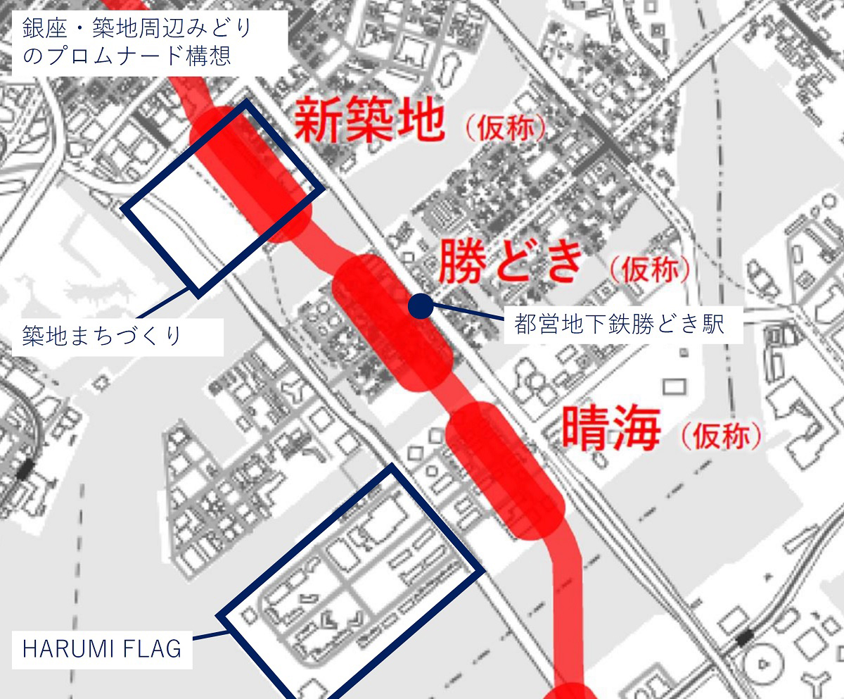 東京都が「都心部・臨海地域地下鉄」で計画中の新駅「新築地」と「勝どき」、「晴海」の配置。都が構造検討の要素として挙げた駅や施設のおおよその位置を追記した（出所：東京都の資料に日経クロステックが加筆）