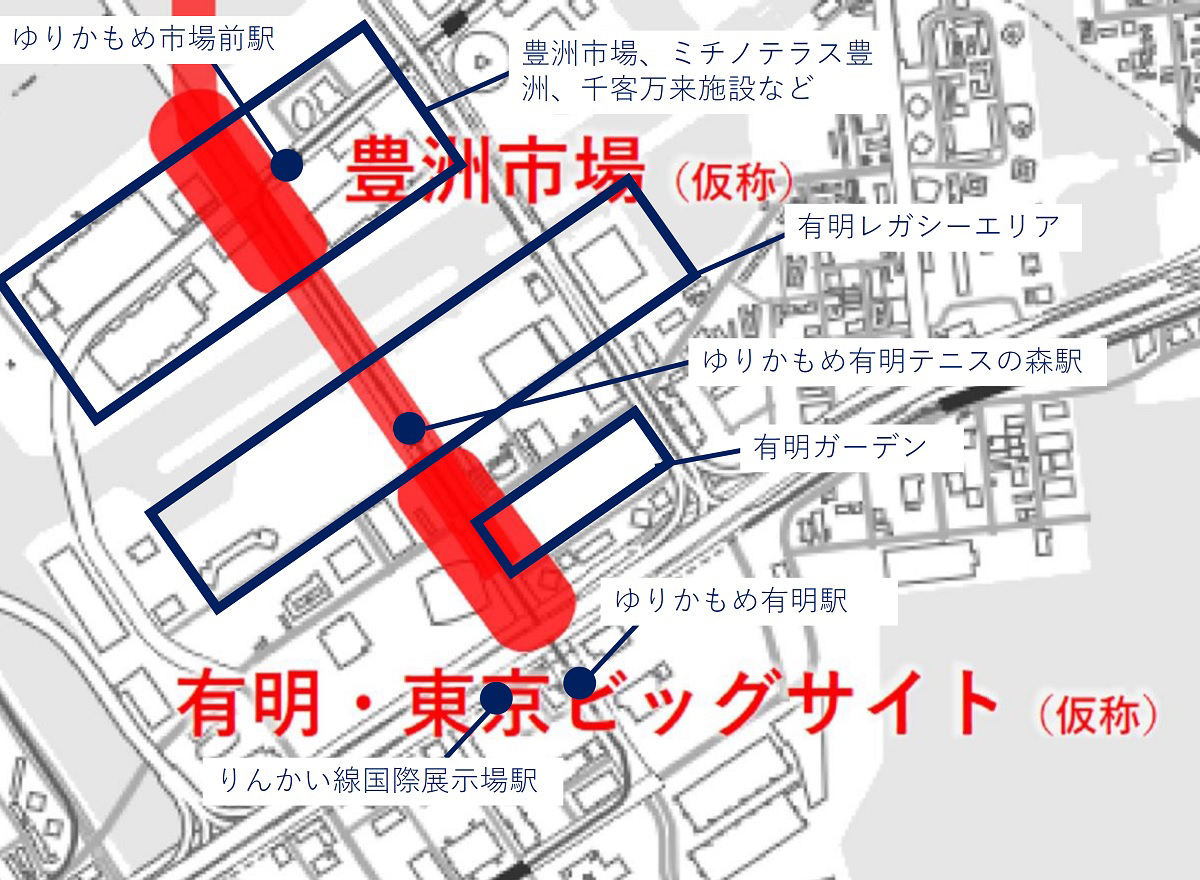 東京都が「都心部・臨海地域地下鉄」で計画中の新駅「豊洲市場」と「有明・東京ビッグサイト」の配置。都が構造検討の要素として挙げた駅や施設、加えてゆりかもめの市場前駅と有明テニスの森駅のおおよその位置を追記した（出所：東京都の資料に日経クロステックが加筆）
